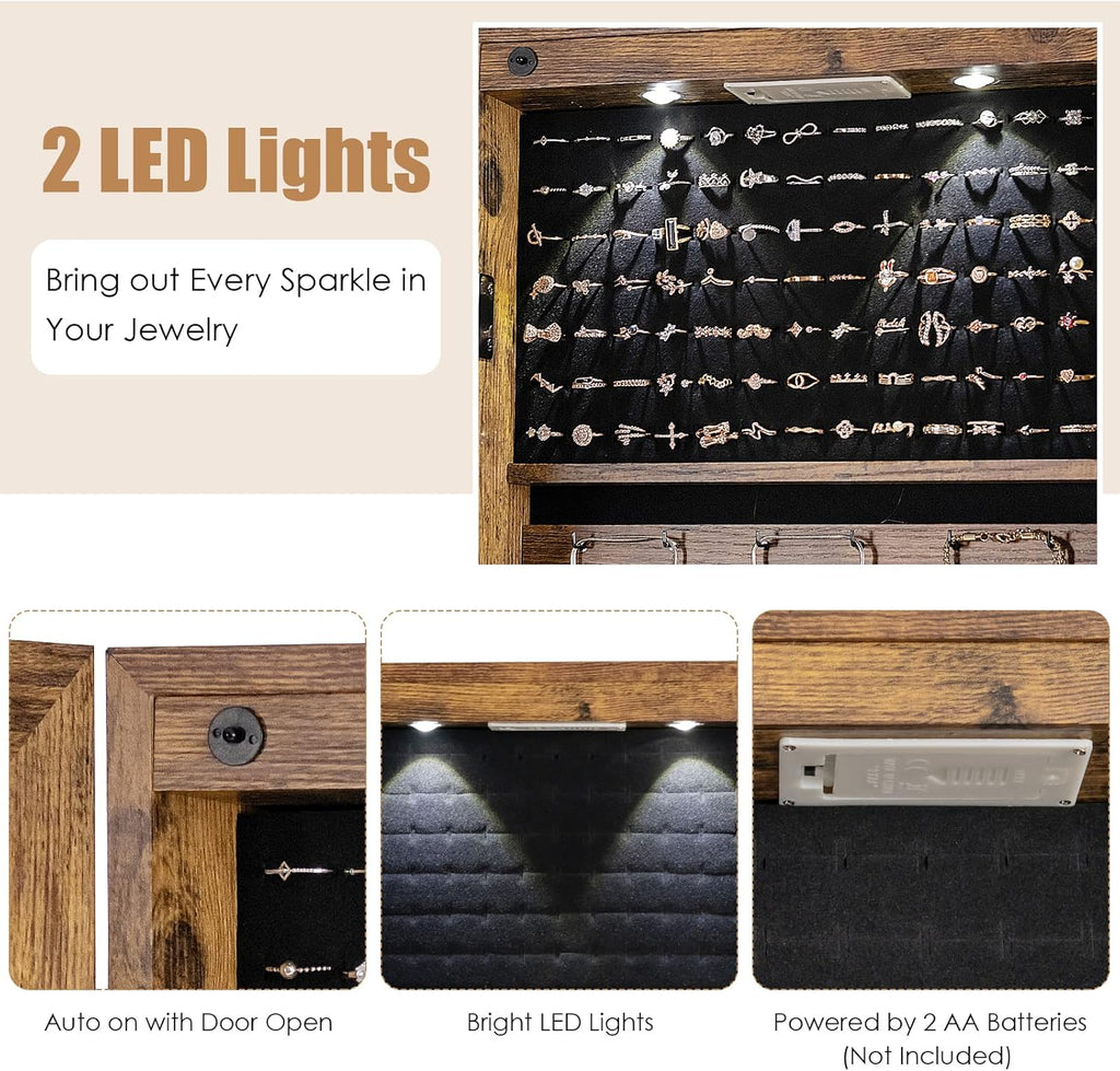 Giantex Wall Door Mounted Jewelry Armoire Cabinet with 47.5" H Full Length Mirror, 2 LEDs Lockable Jewelry Organizer Box with Bracelet Rod, 2 Drawers, Large Storage Capacity (Rustic Brown)