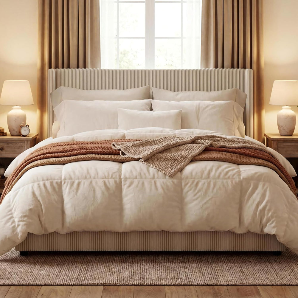GarveeHome King Beige Storage Bed Frame, Corduroy Upholstered Platform Bedfra...