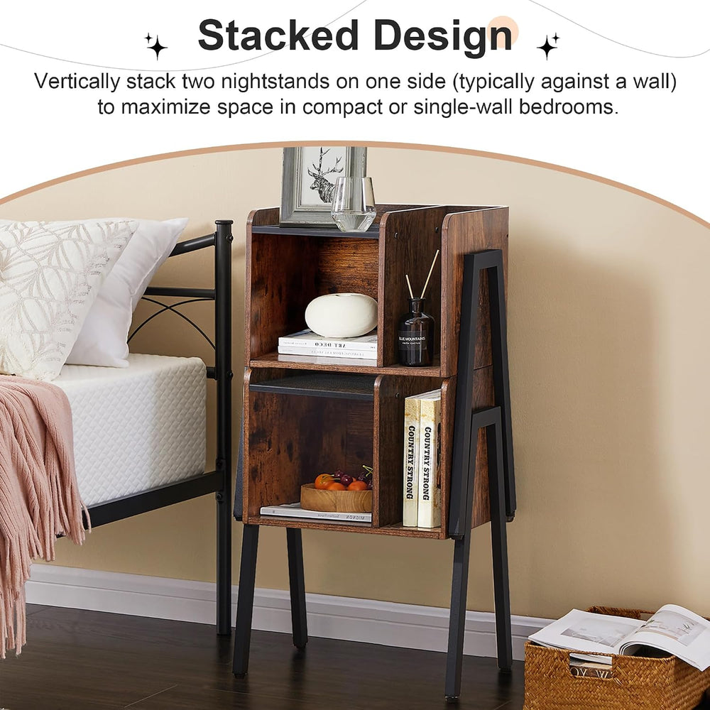 VECELO Night Stand Industrial End Table,Bedside Table with 2-Tier Open Storag...
