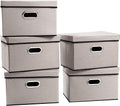 PRANDOM Foldable Storage Bin with Lid [5-Pack] Linen Fabric Decorative Storage Box Organizer Container Basket Cube with Handles Divider for Closet Office Living Room Light Grey(14.9x9.8x9.8)