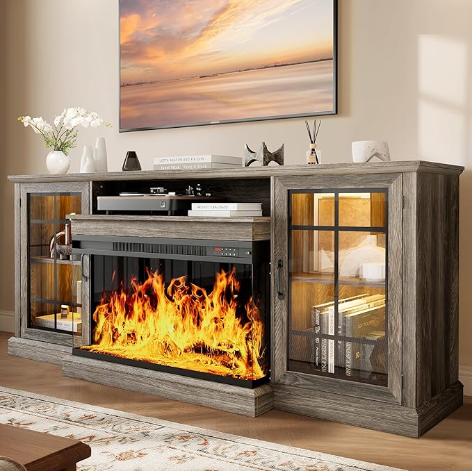 oneinmil 80'' Fireplace TV Stand with 3-Sided Glass, TV Cabinet for T...