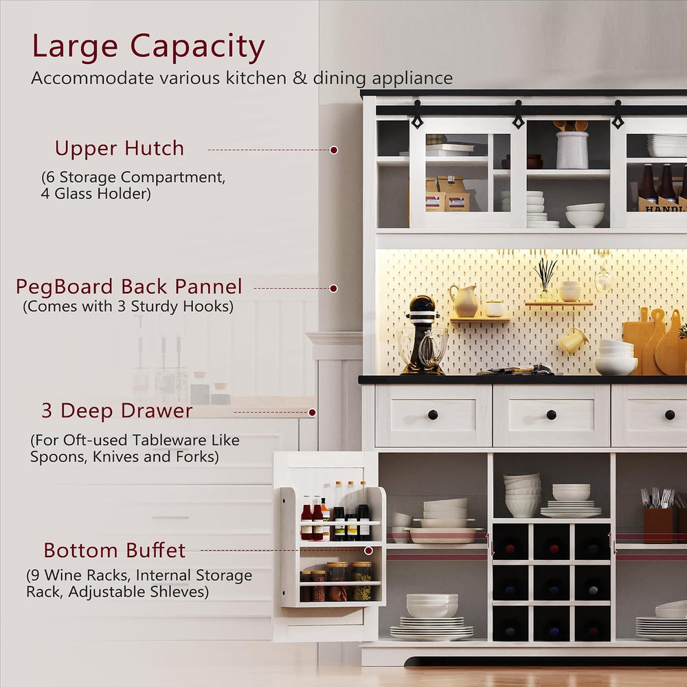 Spaco 71" Pantry Bar Cabinet with Hutch,Farmhosue Kitchen Buffet Sideboa...