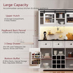 71" White Oak Coffee Bar Cabinet with Internal Storage Rack, Farmhouse Large Kitchen Hutch with Hutch Wine Glasses Rack, 3 Drawers, Sliding Door, Power Outlet, Buffet Storage Table, Cafe