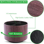 Round Leather Art Supply Organizer,Remote Control Holder,360 Degree Spinning,Multi-Functional Pencil Holder,4 Compartments Desktop Stationary Organizer(1-Thin Wood Dark Brown)