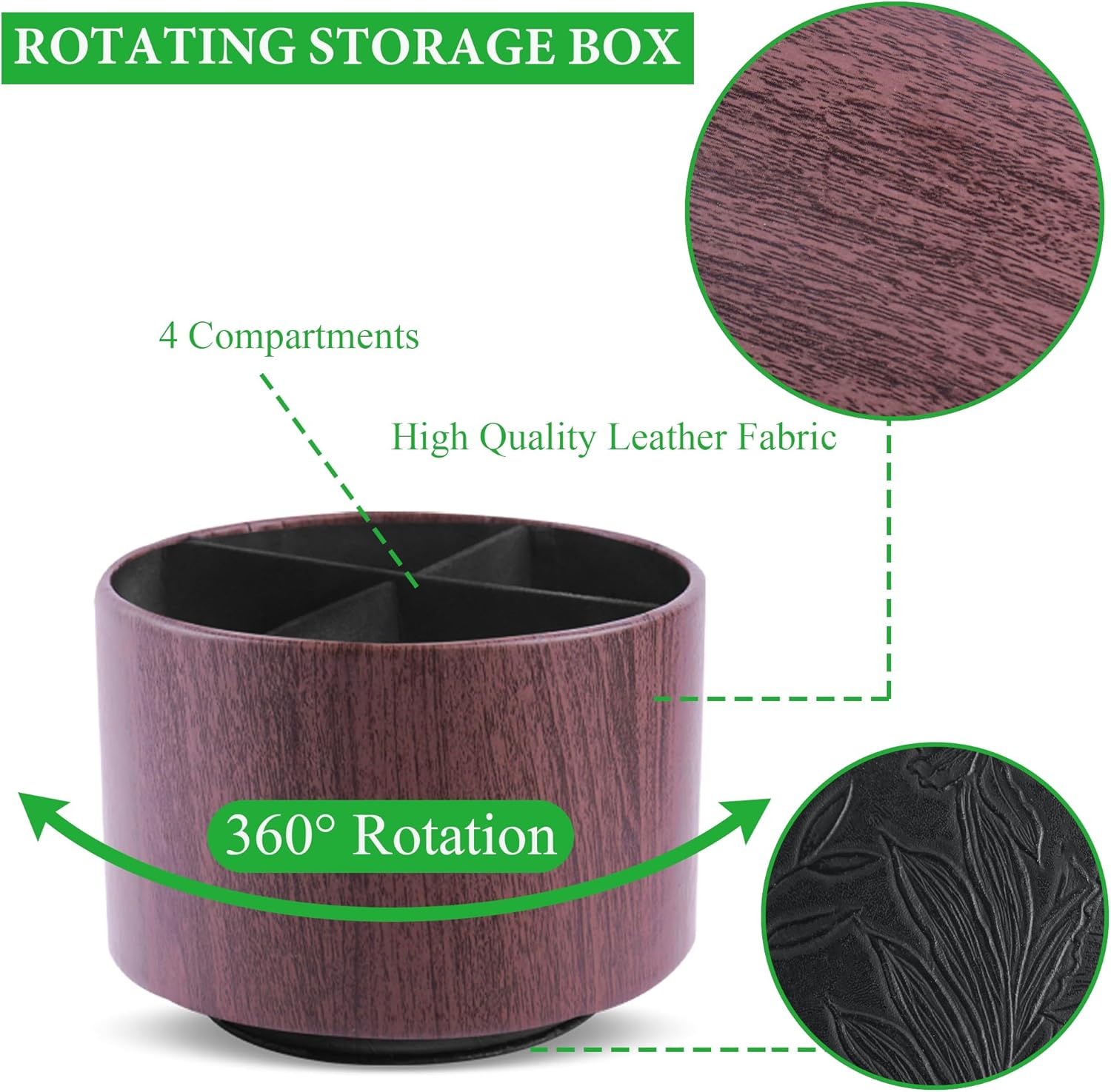 Round Leather Art Supply Organizer,Remote Control Holder,360 Degree Spinning,Multi-Functional Pencil Holder,4 Compartments Desktop Stationary Organizer(1-Thin Wood Dark Brown)
