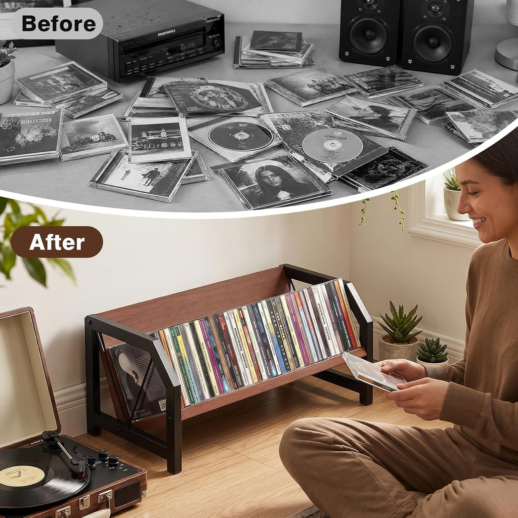 CD Holder Rack, Tilting DVD Storage Shelf for Tower Small Space | Store Up to 38 CDs and 30 DVDs, Desktop Bookshelf Organizer, Easy Acess, Sturdy Metal & Wood Construction, Portable Angle