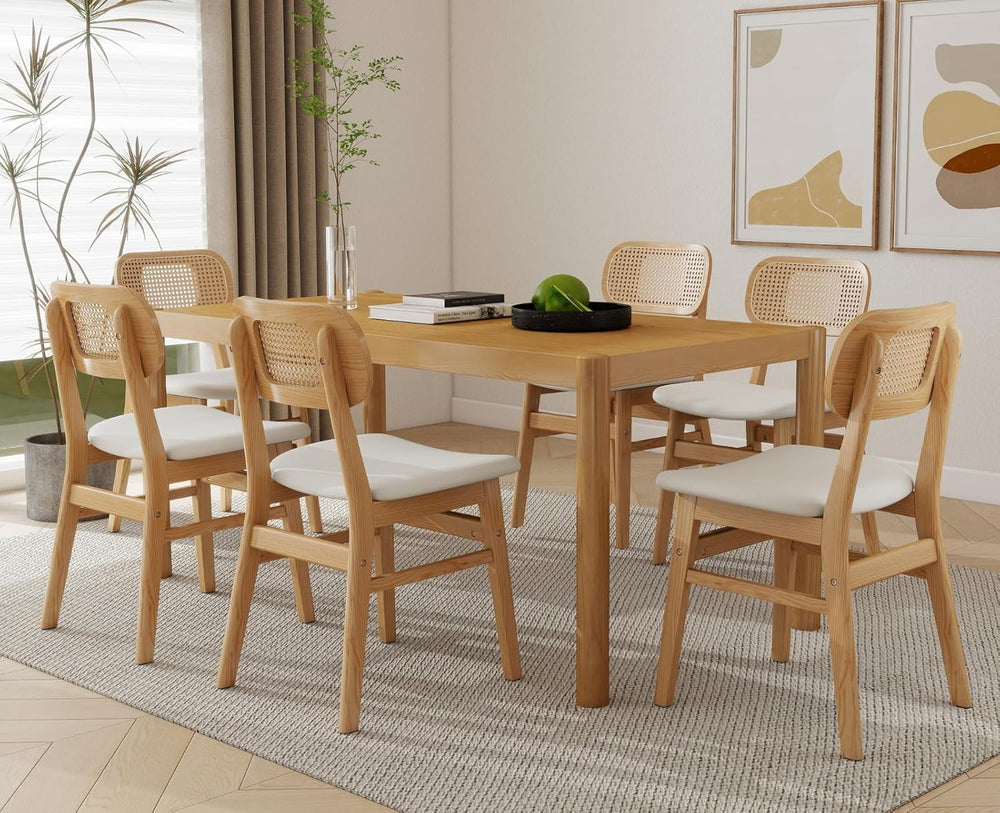 Shunzhi Rattan Dining Chairs Set of 6 Farmhouse White PU Leather Dining Room ...