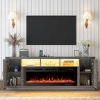 77 INCH Fireplace TV Stand for 85 Inch TVs, Farmhouse Entertainment Center with 50" Electric Fireplace and Power Outlets, LED Media Console Cabinet for Living Room, Grey