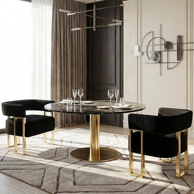 STHOUYN Modern Black Boucle Dining Chairs Set of 2 with Gold Metal Legs, Mid Century Barrel Kitchen Chairs Set, Upholstered Accent Armchairs Dining Room Set, Living Room, Apartment (Black, 2pcs)