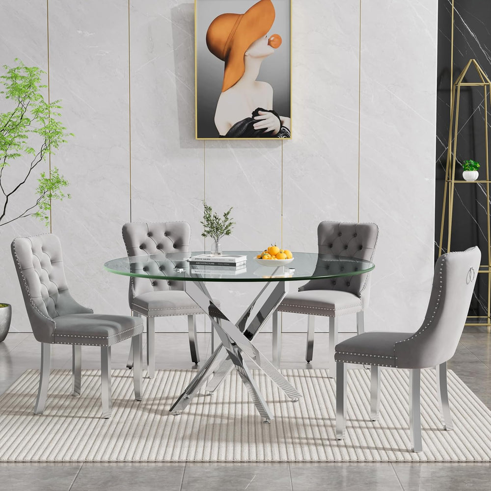 Round Glass Dining Table Set for 4, Small Kitchen Table Set for 4, 47" R...