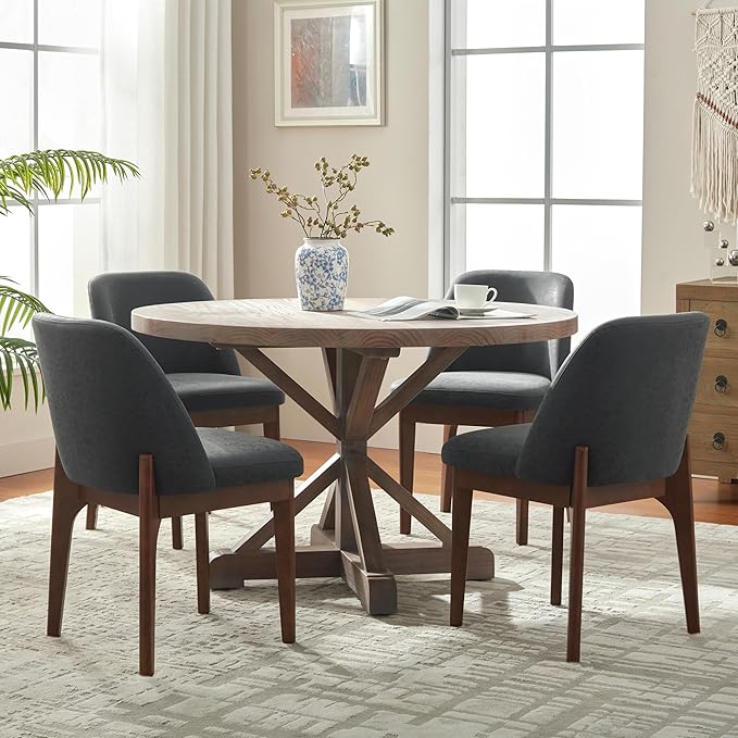 VKNOW Modern Dining Chairs Set of 4, Faux Leather Kitchen Chairs with Wood Legs, Upholstered Side Chair for Kitchen Dining Room, Black