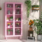 INTERGREAT 67” H Glass Display Cabinet, Metal Curio Cabinet with Tempered Glass Doors & Adjustable Shelves, Metal Storage Cabinets for Living Room, School, Plant, Pink, Assembly Required