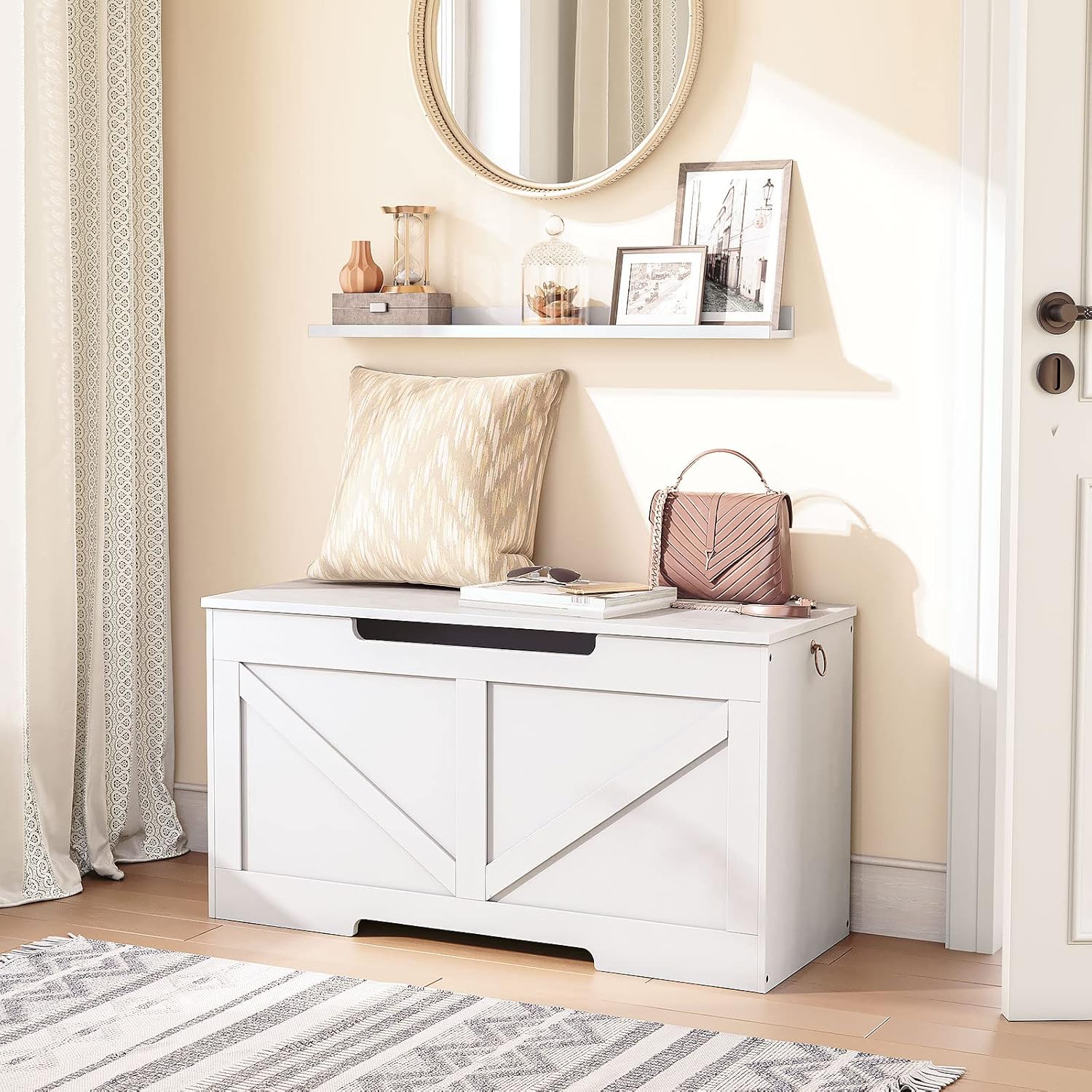 HOOBRO Storage Bench, 29.5” Retro Wooden Storage Chest with U-Shaped Cut-Out Pull, Safety Hinge, Supports 220 lb and Easy Assembly for Toy Box Organizer (White) WT77CW01