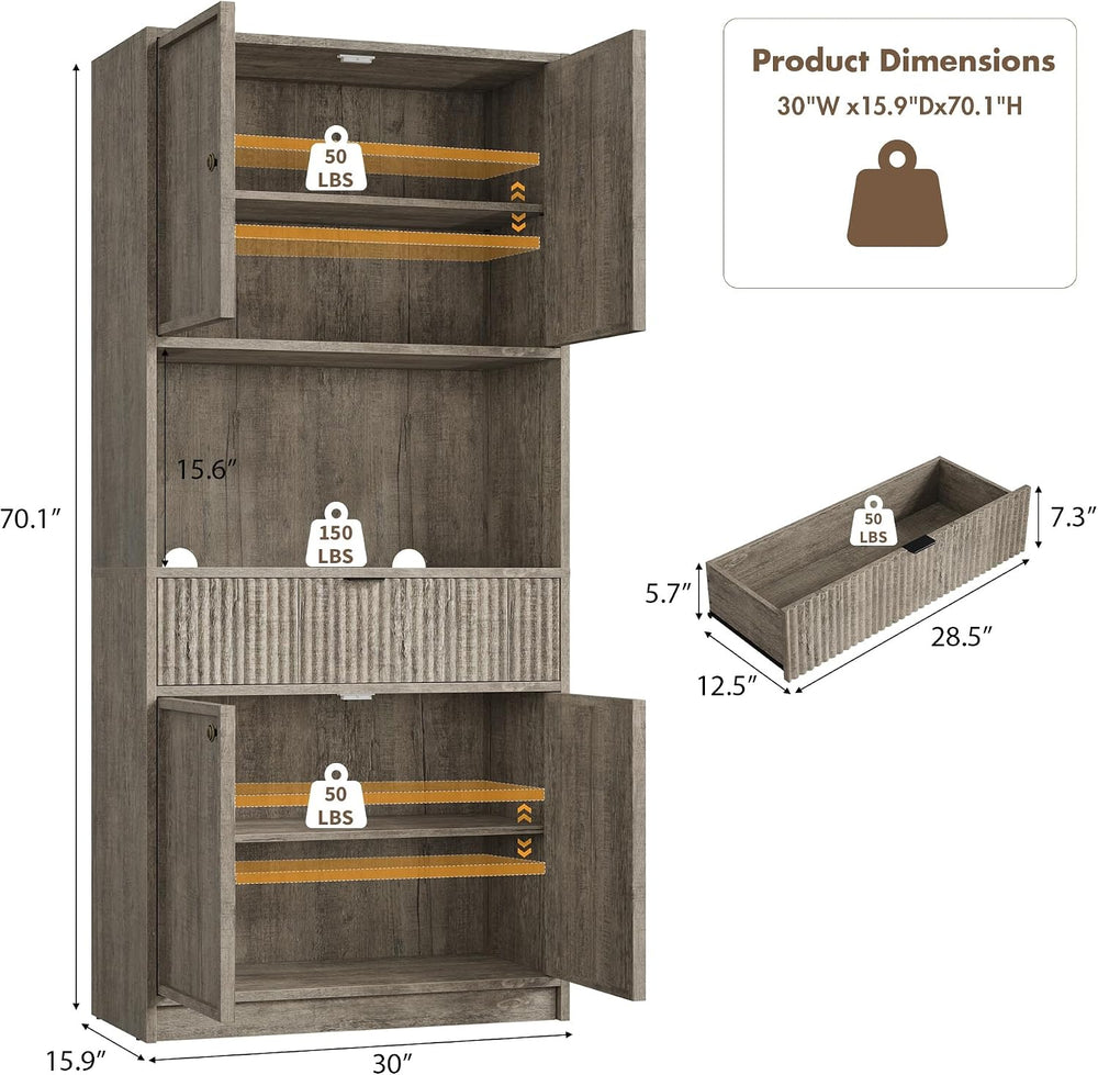 IDEALHOUSE Tall Storage Cabinet, 70" Kitchen Pantry Cabinet with Doors, ...