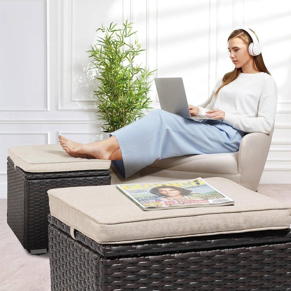 NUU GARDEN Outdoor 2 Piece Outdoor Patio Ottoman, All Weather Rattan Wicker O...