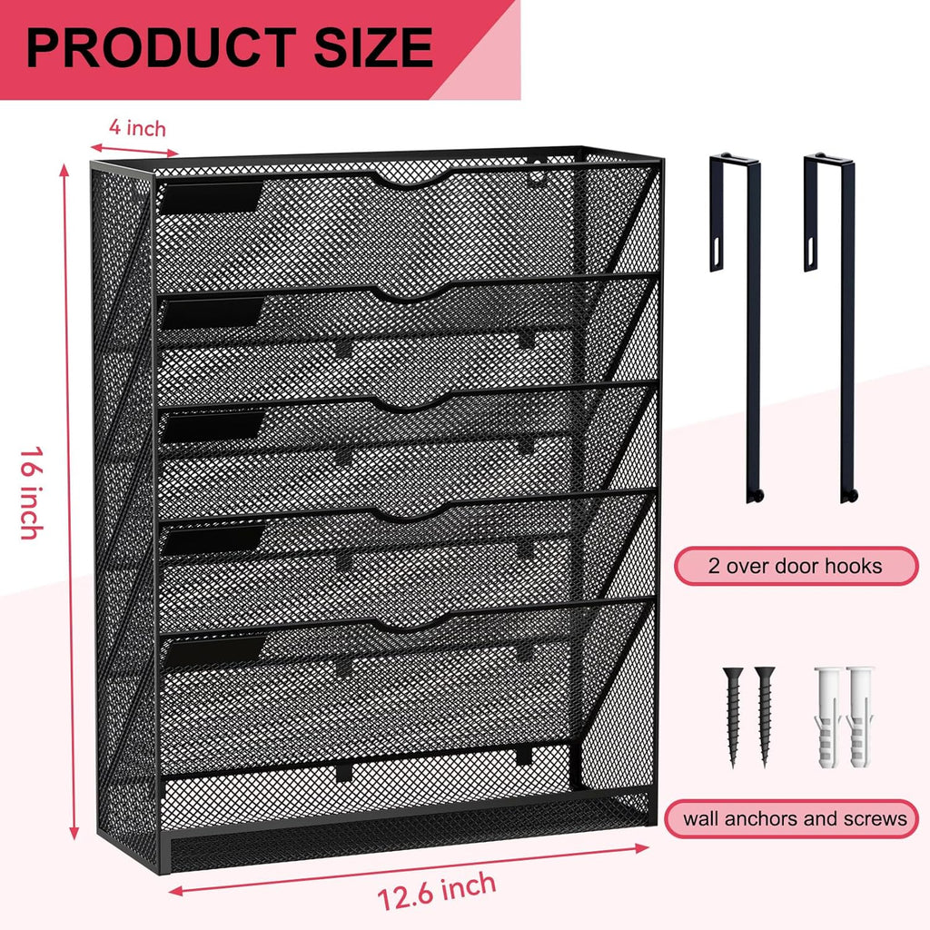 6-Tier Hanging File Organizer Office Cubicle Accessories for Work Organizer Wall Mount File Holder for Mails Folders Papers Magazine Organization, Black