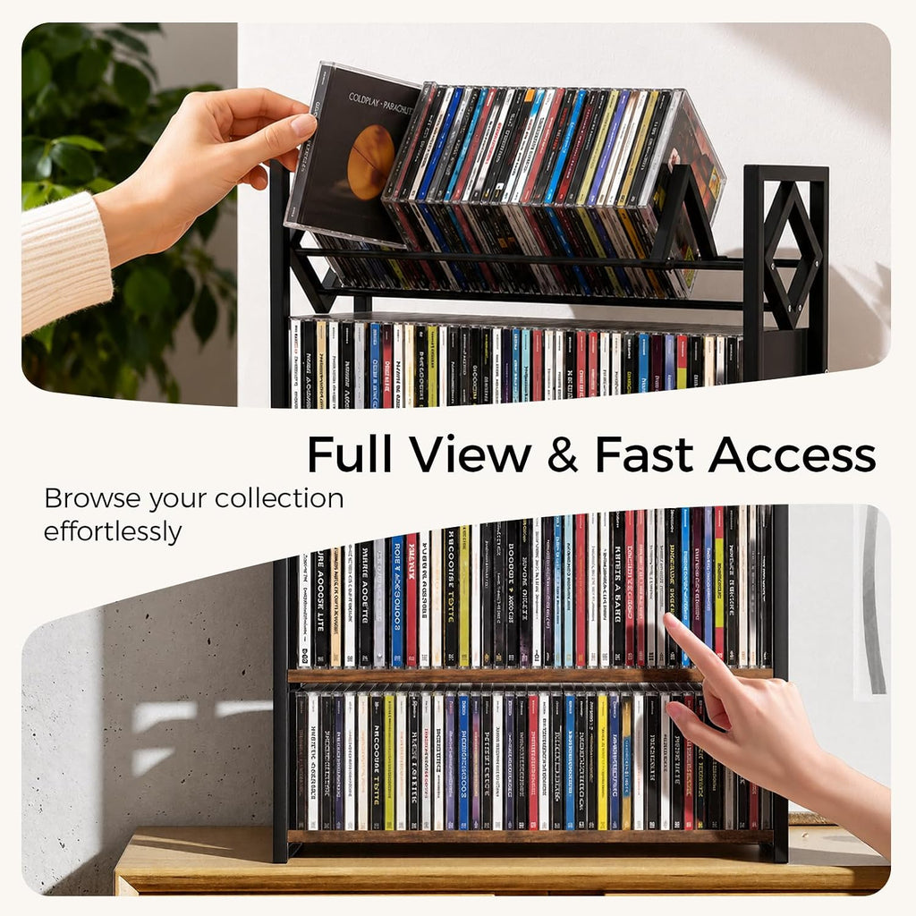 3-Tier CD Holder for 120 CDs, Wooden and Metal CD Storage Rack For DVDs | Top Shelf Shows Favorite Album Art, Open Tiers Keep CDs and DVDs Sorted For Retro Music Corners