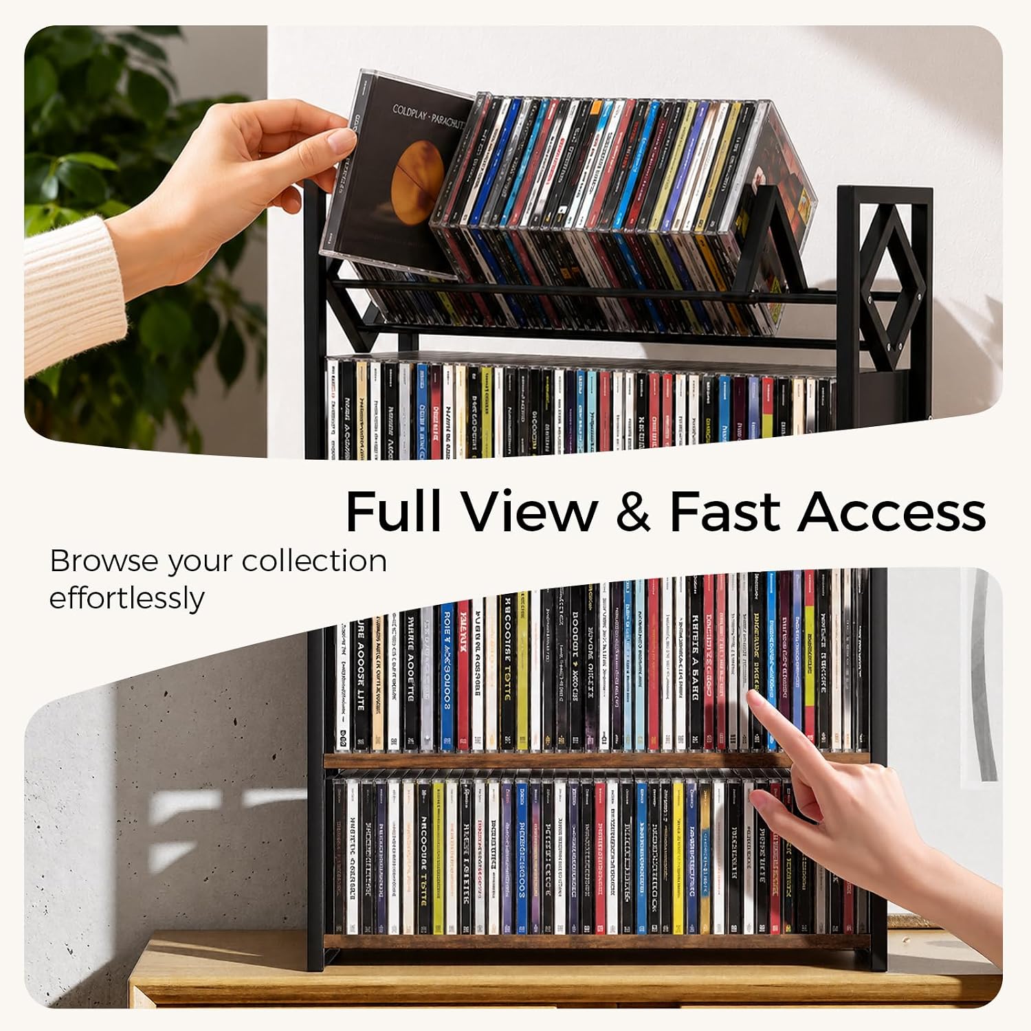 3-Tier CD Holder for 120 CDs, Wooden and Metal CD Storage Rack For DVDs | Top Shelf Shows Favorite Album Art, Open Tiers Keep CDs and DVDs Sorted For Retro Music Corners