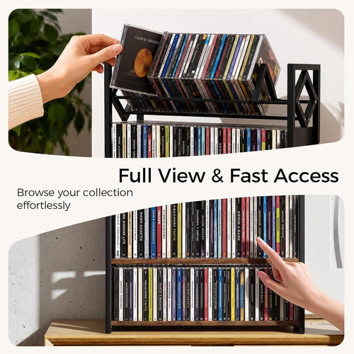 3-Tier CD Holder for 120 CDs, Wooden and Metal CD Storage Rack For DVDs | Top Shelf Shows Favorite Album Art, Open Tiers Keep CDs and DVDs Sorted For Retro Music Corners