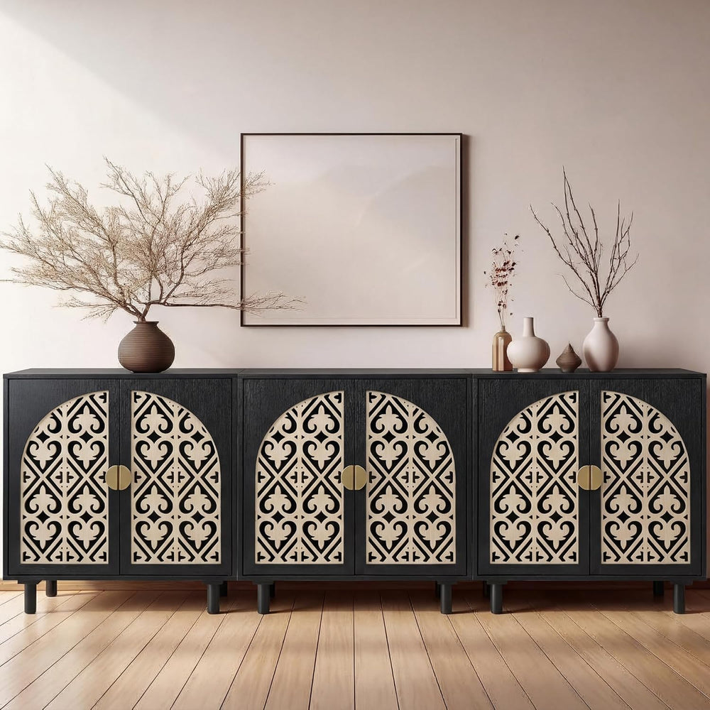 Decorative Storage Cabinet Sideboard with Hollow Carved Panels, 2 Doors, Natu...