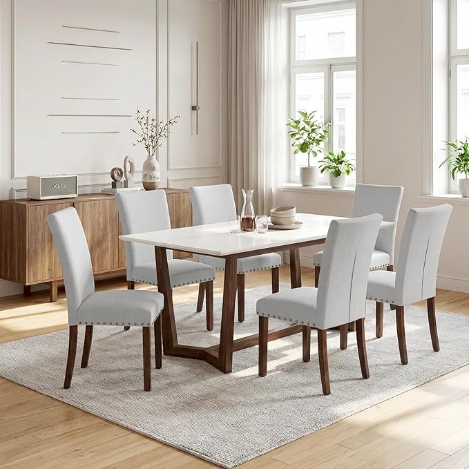 Furniliving Upholstered Dining Chairs Set of 6 - Line Fabric Modern Farmhouse Kitchen Chairs, High-Back Dining Room Chairs with Wooden Legs for Kitchen Dining Room Living Room.Light Grey