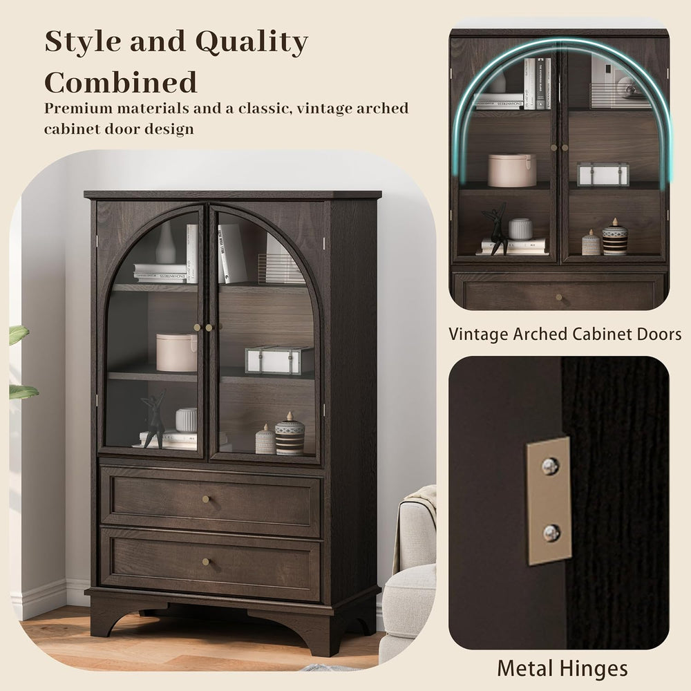 52.17" Tall Display Cabinet with Arched Glass Doors (Brown) | Farmhouse ...