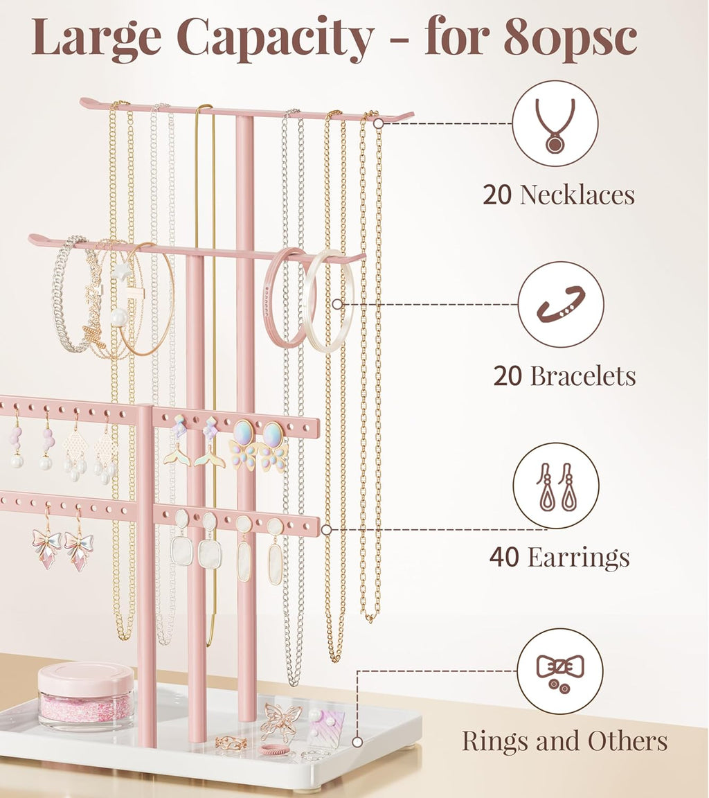 pickpiff Jewelry Holder Organizer, 12.5'' Tall Sturdy Metal Stand, 3-Tier Jewelry Hanger for Necklace, Earring, Bracelet, Ring, for Display and Storage, Aesthetic Room Decor, Pink