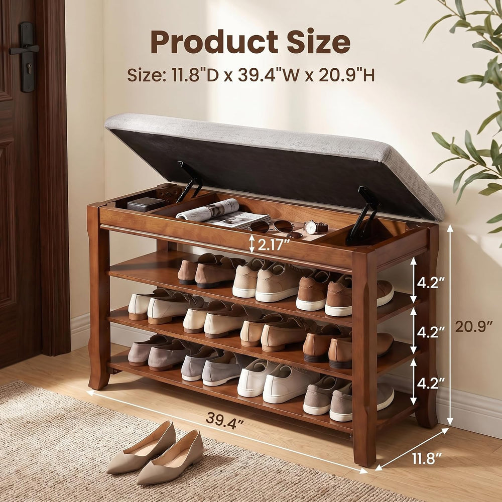 SolidWood Entryway Shoe Rack Storage Bench, Flip-Top Soft-Close Lid, 39.4'...