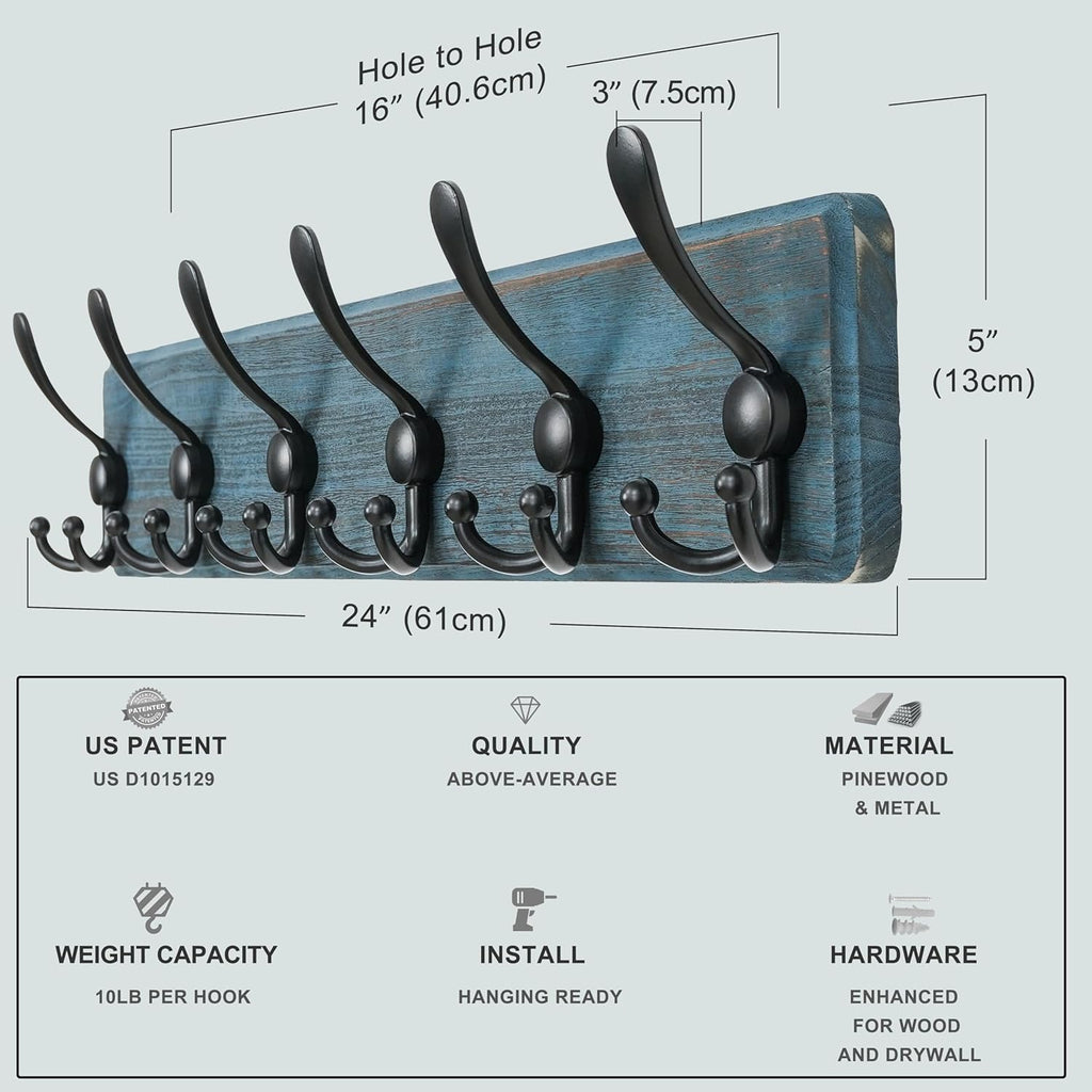 Dseap Coat Rack Wall Mounted - 24" Long 6 Tri Hooks, Heavy Duty Wooden Wall Coat Hanger Coat Hook for Clothes Hat Jacket Clothing, Weathered Blue and Black, Pack of 2