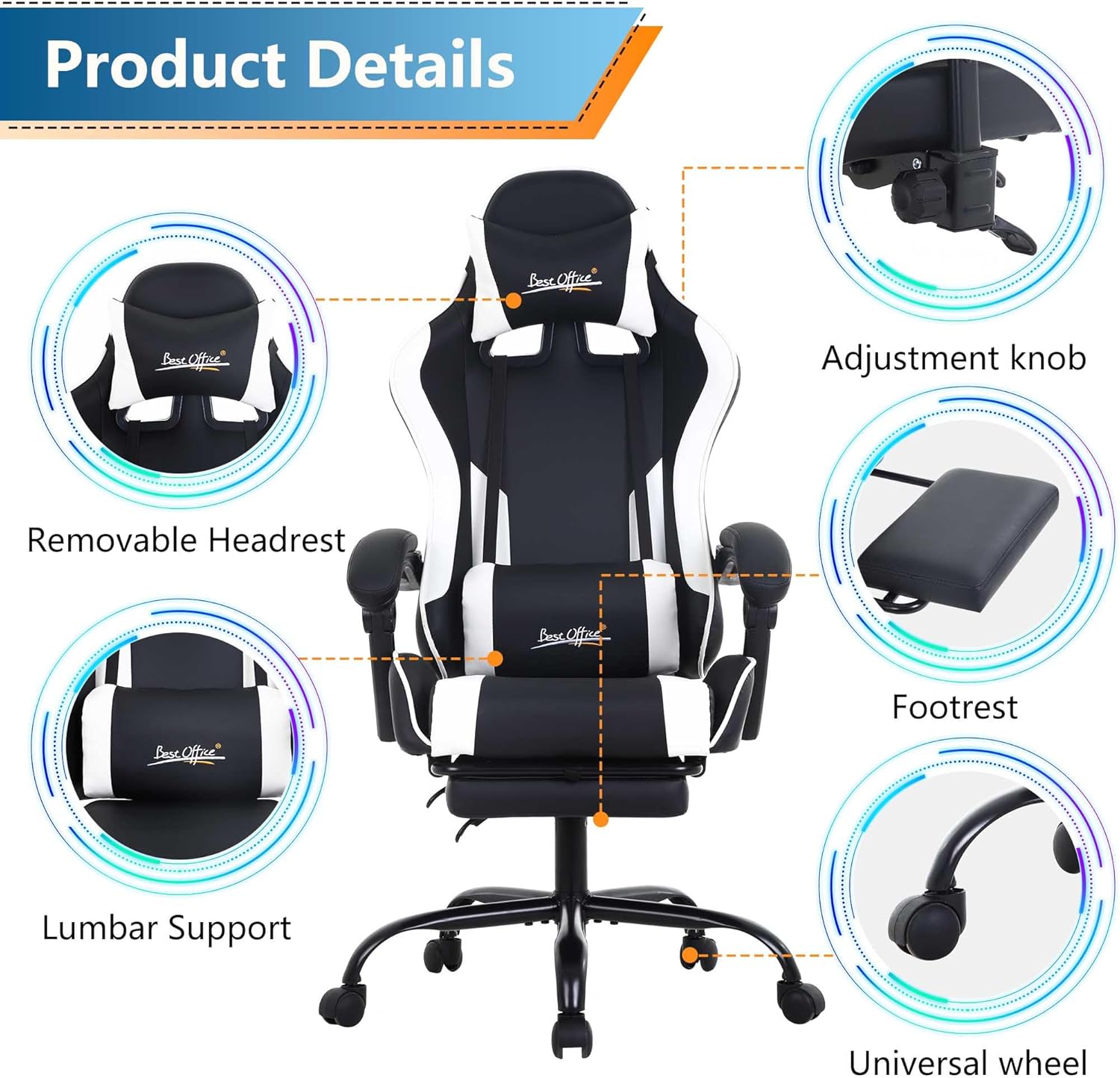 PayLessHere Ergonomic Racing Desk Chair Computer Chair Gaming Chair with Footrest Lumbar Support Headrest Armrest Task Rolling Swivel Ergonomic E-Sports Adjustable PC Gamer Chair, White