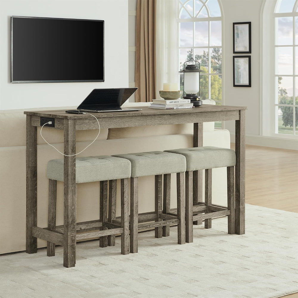 KEIKI 4-Piece Bar Table Set with Charging Station - 59" Industrial Kitch...