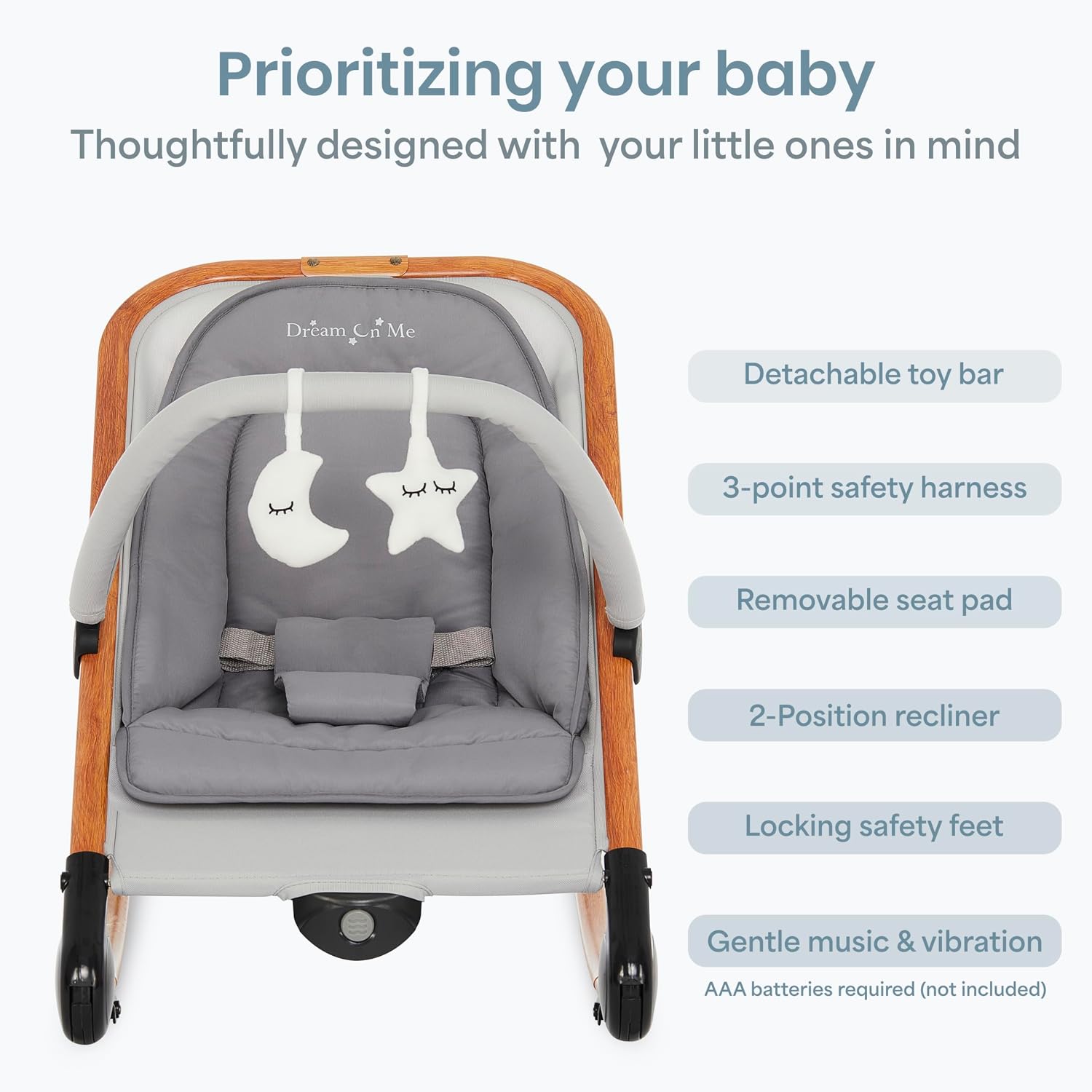 Dream On Me Rock On Me 2-in-1 Baby Rocker and Stationary Seat, Grey | Adjustable Recline, 3-Point Harness, Detachable Toys, Music & Soothing Motion, Quick Compact Fold, 20 Lb Limit, Beechwood