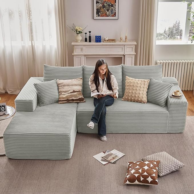 107" Cloud Sectional Couch with L-Shape Chaise, Modern Modular Comfy Sofa with Deep Seat, Upholstered Corduroy Couches Sleeper Chaise Longue for Living Room Bedroom, No Assembly Required, Grey