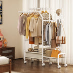 Homeiju Heavy Duty Clothes Rack Load 500LBS, Three Rods Clothing Racks for Hanging Clothes Extendable, Rolling Garment Rack with Sturdy Wheels, Basket, Storage Shelves, White