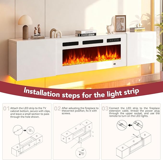 MXV 70'' Floating TV Stand, Modern Media Entertainment Center with 36" Electric Fireplace, TV Console Cabinet Wall Mounted, Adjustable 12-Color LED Lights, for Living Room, White + White