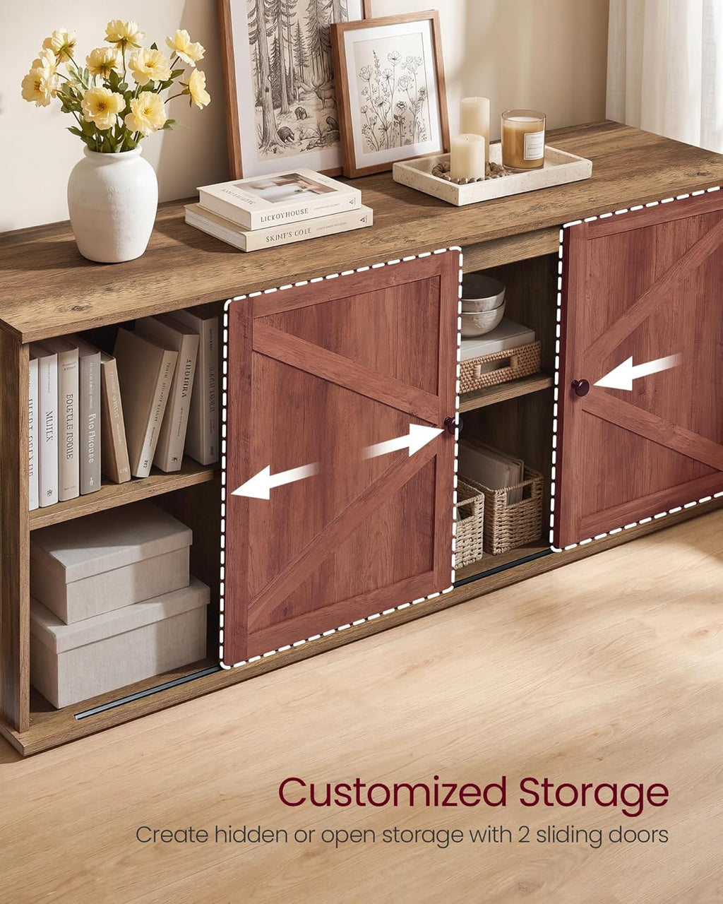 VASAGLE Farmhouse TV Stand for TVs up to 65 Inches, Entertainment Center with Storage Cabinets and Sliding Barn Doors, Media Console Table for Living Room, Honey Brown ULTV535K101