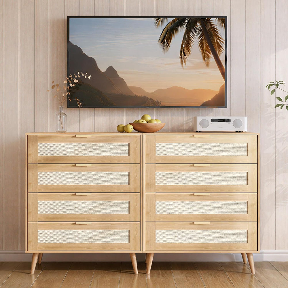Rattan TV Stand, 4-Drawer Wooden Boho Media Console with Gold Metal Handles, ...