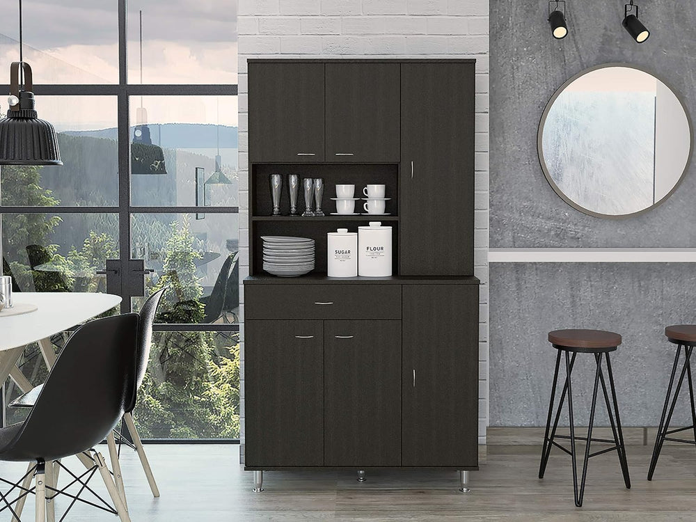 Kitchen Pantry Cabinet, Two Open Shelves, One Drawer, Multiple Cabinets, Black