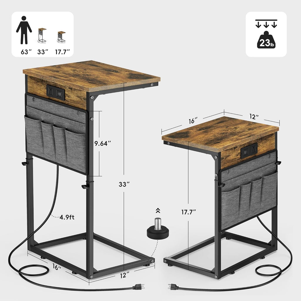 Vagusicc C-Shaped End Table with Charging Station, Small Side Table for Couch, 33" Tall C Table Adjustable Height Side Table, Couch Tables that Slide Under, Sofa Table TV Tray for Living Room, Brown
