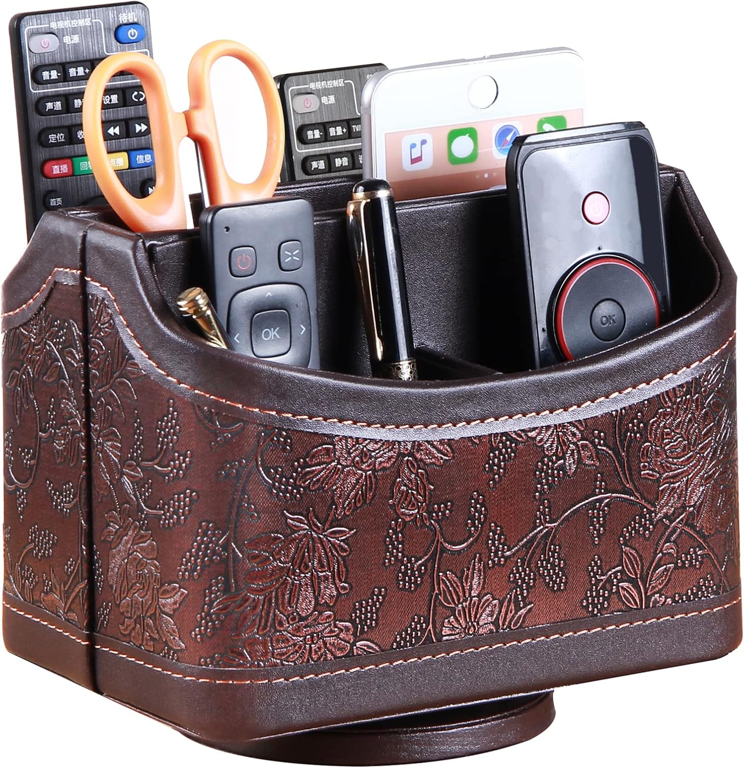 PUSU Leather 360°Rotatable Remote Control Holder,Nightstand TV Remote Caddy,Office Supplies Desktop Organizer,Spinning Storage Box for Pen,Mail,Phone,DVD, Blu-Ray, Media Player, Heater Controllers