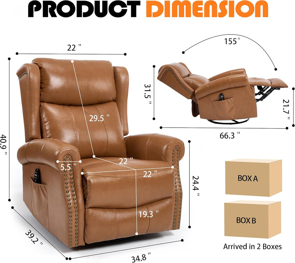 Genuine Leather Recliner Chair for Adults, Manual Swivel Rocker Glider Rocking Chair with Vibration Massage Lumbar Heat for Nursery, Rivet Design Single Sofa Chair for Living Room - Caramel Brown
