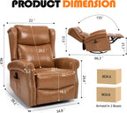 Genuine Leather Recliner Chair for Adults, Manual Swivel Rocker Glider Rocking Chair with Vibration Massage Lumbar Heat for Nursery, Rivet Design Single Sofa Chair for Living Room - Caramel Brown