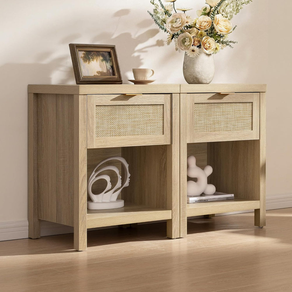 SICOTAS Nightstands Set of 2 Rattan Night Stand with Drawer | Farmhouse Bedsi...