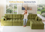 MAXYOYO 132" L Shaped Modular Sectional Sofa with Ottoman, Cloud Boneless Couch with Layered Cushion, Upholstered Sofa in a Box, Flexible Module Combination for Living Room, No Assembly, Green