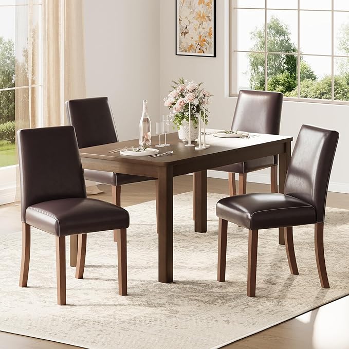 Dining Chairs Set of 4, Modern Dining Room Chairs with Wooden Legs, Faux Leather Upholstered Kitchen Farmhouse Parsons Chairs for Restaurant & Cafe- Dark Brown