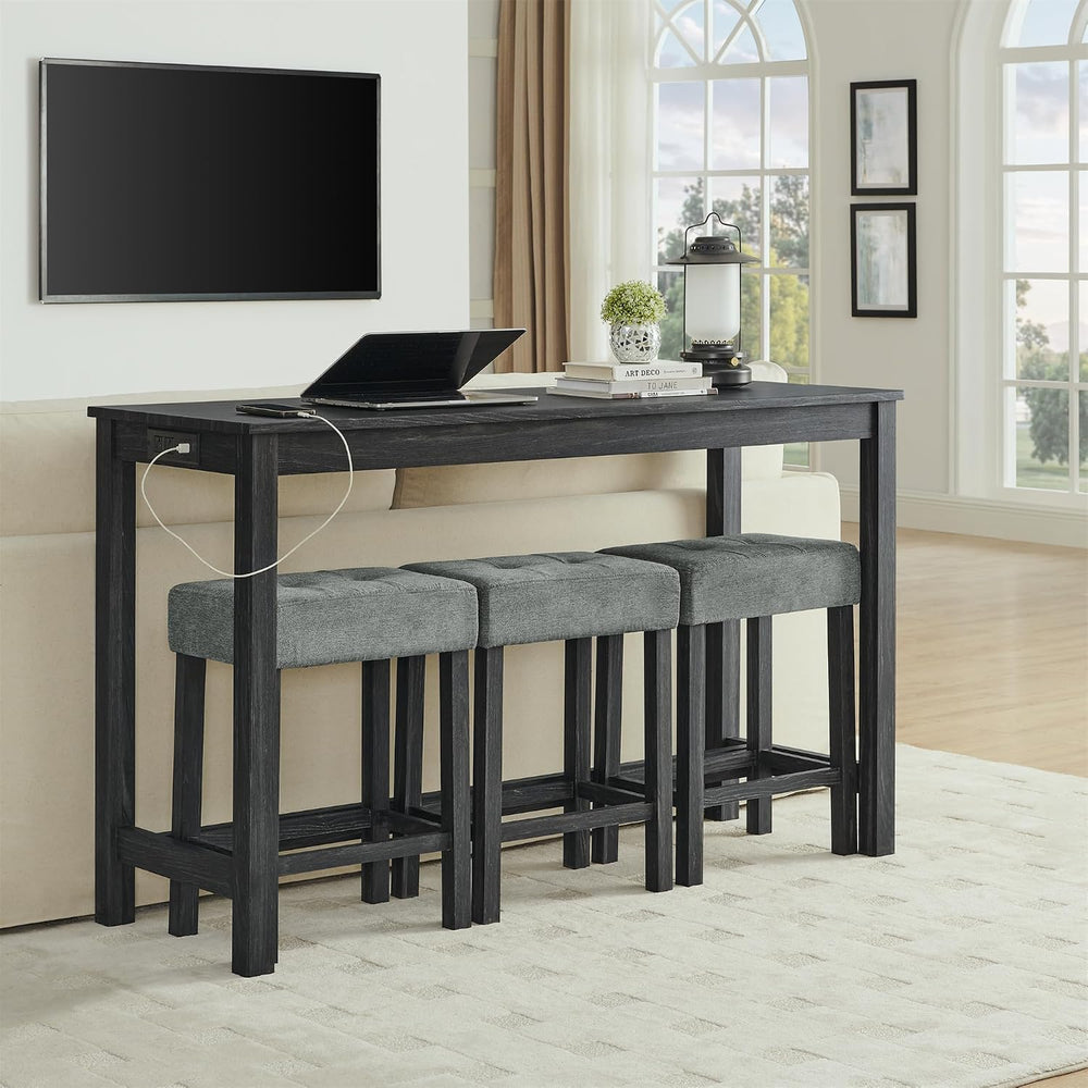 59" Bar Table Set with Power Outlet & 3 Upholstered Stools – 4-Piece...