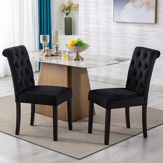 Velvet Dining Chairs Set of 2 Upholstered Dining Room Chairs Modern Tufted Accent Chairs Wooden Parsons Side Chairs for Home Kitchen Resturant, Black