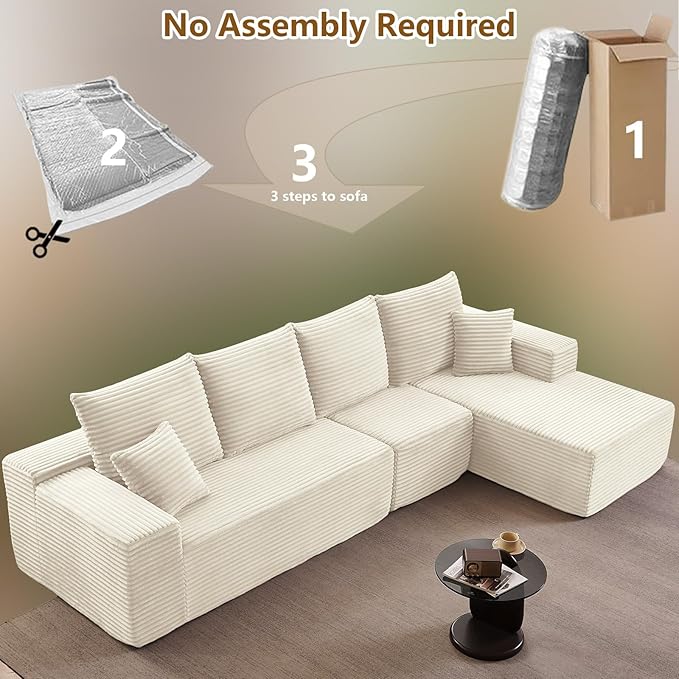 135" Cloud Sectional Couch with L-Shape Chaise, Modern Modular Comfy Sofa Chaise Longue, Upholstered Corduroy Couches Sleeper with Deep Seat for Living Room Bedroom, No Assembly Required, White
