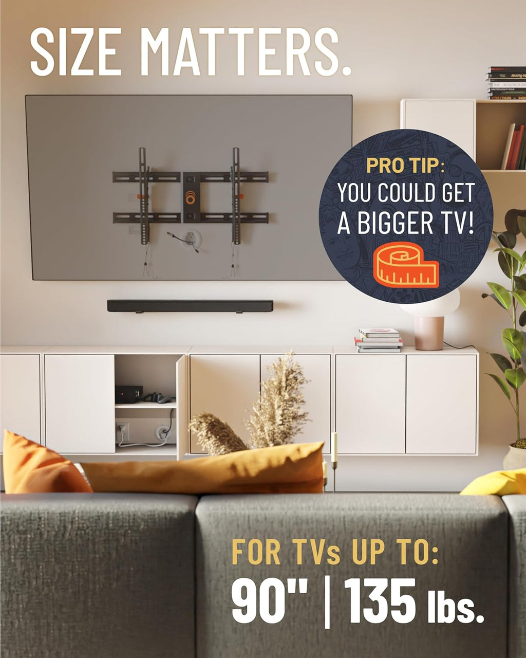 ECHOGEAR Wall Mount TV Bracket for TVs Up to 90" - Low Profile Design Tilts to Eliminate Glare - Includes Drilling Template & Can Be Leveled After Install - UL Listed for Safety