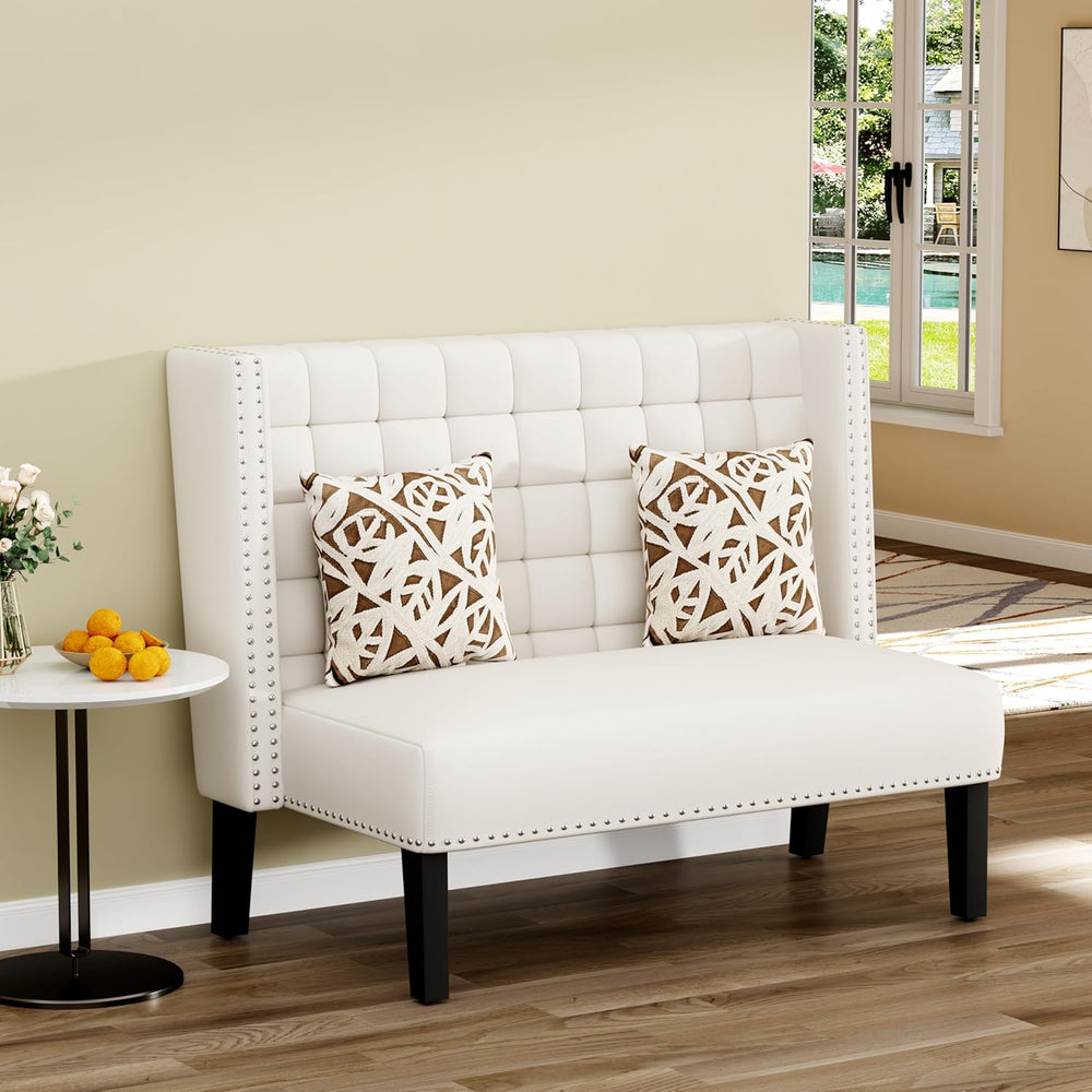 White Faux Leather Loveseat Settee, Modern Tufted Upholstered Bench with Back...